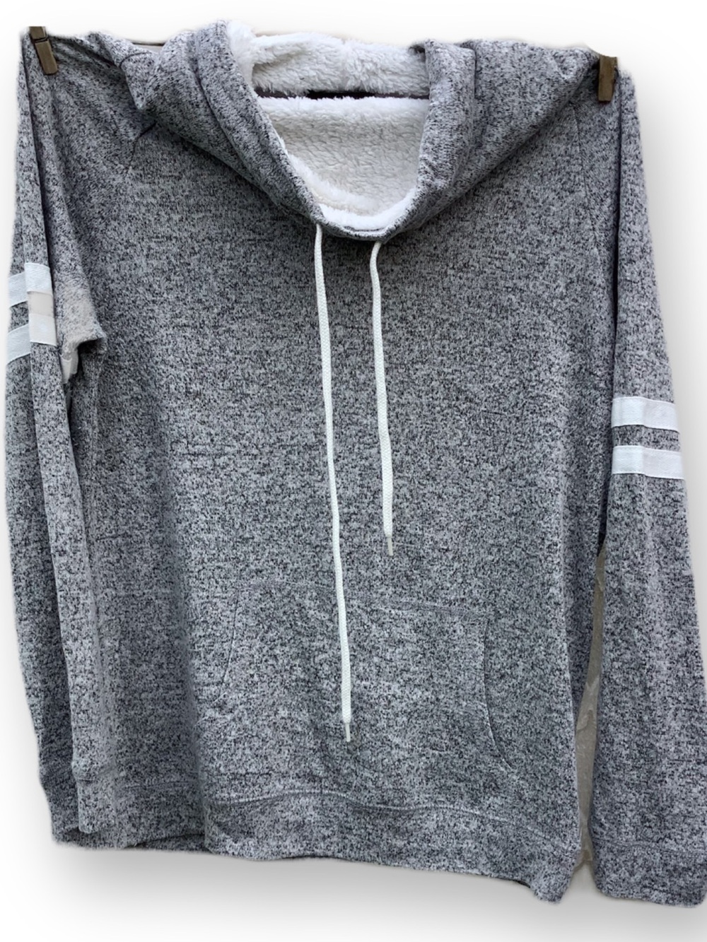 Ladies Large Grey Cowl Neck with Sherpa Sweater White Stripes